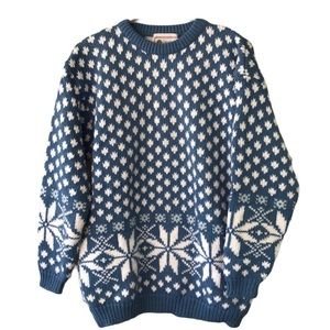 Ms. Organically Grown Sweater Women Small Chunky Knit Snowflakes Blue White